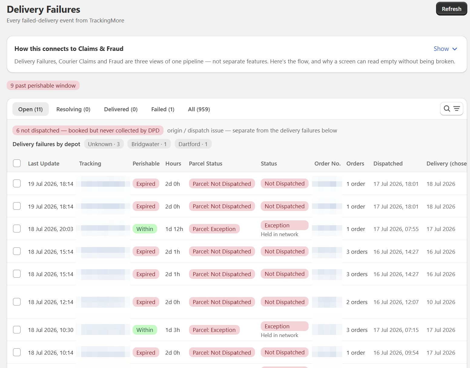 Delivery failures queue listing every failed or delayed DPD delivery with live status